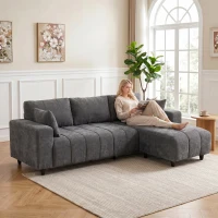 HOMCOM Sofá Esquinero Modular 242 cm 3 Plazas en L con Chaise Longue Reversible 2 Cojines Tejido Efecto Lino Gris(m-11)