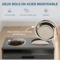 PawHut Gamelle Chien Surélevée avec Bols Anti-Glouton & Eau en Acier Inoxydable, Tiroir de Rangement, 60x30x35cm, Gris(m-7)