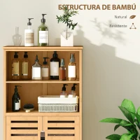 kleankin Mueble Auxiliar de Baño de Bambú Mueble de Baño con 2 Puertas 2 Estantes Abiertos y Patas Elevadas 50x29x92 cm Natural(m-5)