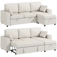 HOMCOM Eck-Schlafsofa aus Chenille, Modulares 3‑Sitzer-Schlafsofa 225 cm mit Aufbewahrungs-Pouf, Beige(m-8)