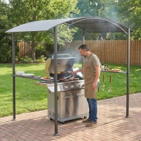 Outsunny Cenador para Barbacoa de 2,4 x 1,5 m Cenador de Pérgola Exterior con 2 Estantes Laterales y Ganchos Gris Oscuro(m-9)