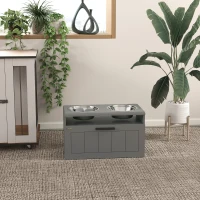 PawHut Gamelle Chien Surélevée avec Bols Anti-Glouton & Eau en Acier Inoxydable, Tiroir de Rangement, 60x30x35cm, Gris(m-8)