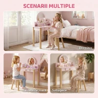 AIYAPLAY Set Masă de Toaletă pentru Fete cu Taburet, Oglindă, Sertar, din Lemn de Pin și MDF, pentru 3-6 Ani, Roz(m-7)