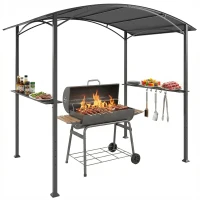 Outsunny Cenador para Barbacoa de 2,4 x 1,5 m Cenador de Pérgola Exterior con 2 Estantes Laterales y Ganchos Gris Oscuro(m-11)