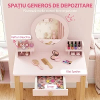 AIYAPLAY Set Masă de Toaletă pentru Fete cu Taburet, Oglindă, Sertar, din Lemn de Pin și MDF, pentru 3-6 Ani, Roz(m-5)