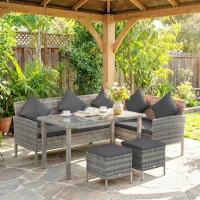 Outsunny tsunny 6-Seater Rattan Dining Set Sofa Table Footstool Outdoor w/ Cushion Garden Furniture, Dark Grey(m-2)