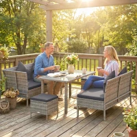 Outsunny tsunny 6-Seater Rattan Dining Set Sofa Table Footstool Outdoor w/ Cushion Garden Furniture, Dark Grey(m-8)