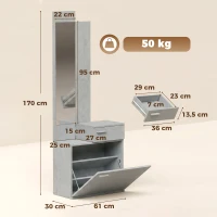 HOMCOM Ensemble meuble d'entrée avec meuble à chaussures abattant, vestiaire avec miroir, tiroir et plateau, gris(m-3)