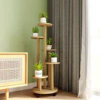Outsunny Soporte para Plantas de Bambú con Ruedas de 5 Niveles Estantería Redonda para Plantas para Esquina 33x33x90 cm Natural(m-7)