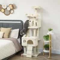 PawHut Árbol Rascador para Gatos Árbol para Gatos 153 cm con 2 Cuevas 3 Camas 2 Rampas Postes de Sisal Ratones Colgantes Crema(m-10)