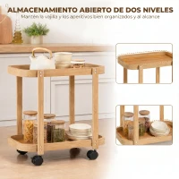 HOMCOM Carrito de Cocina de Bambú de 2 Niveles Carrito Auxiliar para Cocina con Ruedas 2 Estantes 54x36,5x60 cm Natural(m-6)