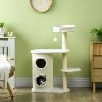PawHut Albero Tiragraffi per Gatti Alto 100 cm con Palo Graffiatoio in Sisal, Cesto e Casetta a 2 Livelli, Crema(m-10)