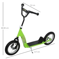 HOMCOM Patinete para Niños Mayores de 5 Años Scooter 2 Neumáticos Inflables de Caucho con Frenos Manillar Ajustable Pedal Antideslizante 117x52x80-85 cm Verde(m-3)