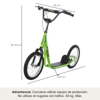 HOMCOM Patinete Infantil Patinete con 2 Ruedas Manillar Ajustable en Altura y Doble Freno Carga 100 kg 139x58x90-96 cm Verde(m-3)