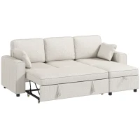 HOMCOM Eck-Schlafsofa aus Chenille, Modulares 3‑Sitzer-Schlafsofa 225 cm mit Aufbewahrungs-Pouf, Beige(m-1)