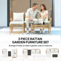 Outsunny 3 Piece Rattan Garden Furniture Corner Sofa Set with Chaise Lounge, Loveseat, Glass Coffee Table, Cushions, Natural Wood(m-4)