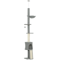 PawHut Árbol para Gatos de Piso a Techo Altura Ajustable 220-240cm con Hamaca Plataformas en Flor Cuevas Rampa Bola Gris Claro