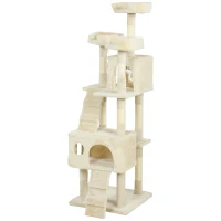 PawHut Árbol Rascador para Gatos Árbol para Gatos 153 cm con 2 Cuevas 3 Camas 2 Rampas Postes de Sisal Ratones Colgantes Crema(m-11)