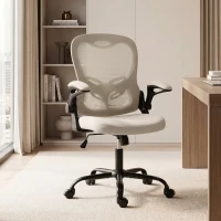 HOMCOM Cadeira de Escritório Ergonômica, Poltrona em Malha, Braços Rebatíveis, Altura Ajustável, Função de Inclinação, Bege(m-2)
