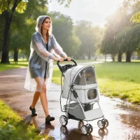PawHut Cărucior pentru Câini Pliabil cu Husă de Ploaie, Roți Rotative și Pernă Lavabilă, Oțel și Poliester, Gri(m-10)
