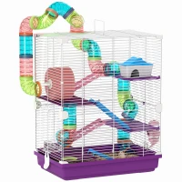 PawHut Cușcă pentru Hamsteri pe 5 Niveluri, cu Tuburi, Roată, Scări, Căsuță și Biberon, 46 x 30 x 58 cm, Mov(m-11)