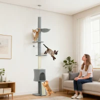 PawHut Árbol para Gatos de Piso a Techo Altura Ajustable 220-240cm con Hamaca Plataformas en Flor Cuevas Rampa Bola Gris Claro(m-10)
