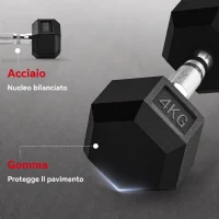 HOMCOM Set di 2 Manubri da 4 kg Esagonali con Presa Antiscivolo e Rivestimento in Gomma, Nero(m-6)