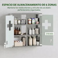 HOMCOM Botiquín de Pared con Cerradura Puertas de Cristal Estantes y 2 Llaves para Baño Cocina 46x12x48 cm Plateado(m-4)