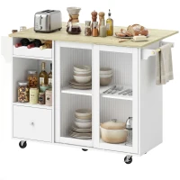 HOMCOM Isla de Cocina con Encimera Abatible Ruedas Puertas Correderas de Vidrio Botellero Cajón Especiero Estante Ajustable(m-11)