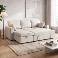 HOMCOM Eck-Schlafsofa aus Chenille, Modulares 3‑Sitzer-Schlafsofa 225 cm mit Aufbewahrungs-Pouf, Beige(m-6)