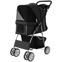 PawHut Dog Pram, Pet Stroller with Reflective Strips, Foldable Cat Stroller with 360° Swivel Wheels, Black(m-15)