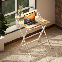 HOMCOM 70 cm Folding Computer Desk with Monitor Shelf - Natural Wood Finish(m-8)