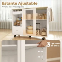 HOMCOM Isla de Cocina con Encimera Abatible Ruedas Puertas Correderas de Vidrio Botellero Cajón Especiero Estante Ajustable(m-6)