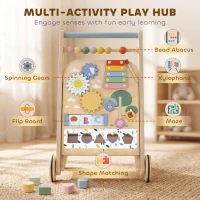 AIYAPLAY Wooden Baby Walker, Toddler Push Along Walker with Speed Control, Activity Centre and 5 Blocks for 18 Months+, Natural(m-5)