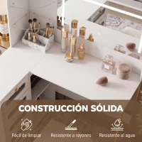HOMCOM Tocador de Maquillaje con Espejo Luces LED Taburete 5 Cajones 2 Compartimentos y 2 Estantes de Cristal Blanco(m-8)