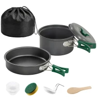 Outsunny Camping Kookset 8-delige Outdoor Servies Set met Anti-verbrandingsgrepen, snel verwarmende pan, koekenpan Grijs(m-11)