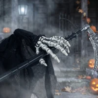 HOMCOM 183cm Life Size Animated Grim Reaper Halloween Decoration, Scary Halloween Animatronics Decor with Sound Touch Activated(m-12)