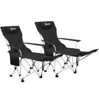 Outsunny Set van 2 Opvouwbare Campingstoelen met Afneembare Voetsteun en Bekerhouder, Belastbaar tot 120 kg - Zwart(m-1)