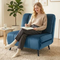 HOMCOM Poltrona Letto Singolo 3 in 1 Effetto Velluto Blu con Struttura in Legno e Metallo, 88x92x88 cm(m-8)