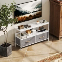 HOMCOM Mueble de TV con Estante y 2 Cajones de Tela Plegables para Televisores hasta 47 Pulgadas Largo de 98 cm Blanco y Gris(m-9)