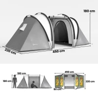 Outsunny Campingzelt für 4-5 Personen leicht wasserabweisend Familienzelt mit 3 Zimmer Seitentür Fenster Grau(m-3)