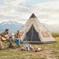 Outsunny 6 Men Tipi Tent with Carry Bag - Khaki(m-10)