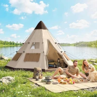 Outsunny 6 Men Tipi Tent with Carry Bag - Khaki(m-2)