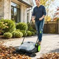 Outsunny ehrmaschine manuell mit 68 cm Kehrbreite, 24 L Schmutzbehälter, Höhenverstellbar klappbar Griff 3-Bürsten-Kehrsystem(m-10)