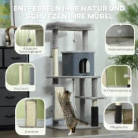PawHut 132 cm Kattenboom met Krabpalen, Bed, Huisje, Springplatforms, Verzorgingsborstel, Lichtgrijs(m-5)