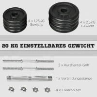 HOMCOM halter, halter, 2-in-1, 20 kg, 8 halterschijven, roestvrij, ijzer, zwart, 95 x 16 x 16 x 16 cm(m-5)