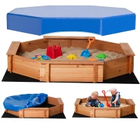 Outsunny Arenero de Madera para Niños de 3-8 Años con Cubierta de Poliéster para Patio Jardín 139,5x139,5x21,5 cm Rojo y Azul(m-1)