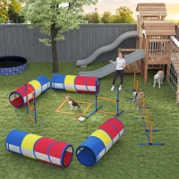 PawHut Agility-Ausrüstung für Hunde 12-teilig, 4 Tunnel, verstellbare Sprünge, Ring, Slalom, 357x65x68cm, mehrfarbig(m-6)