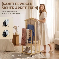 HOMCOM Bambus-Kleiderständer auf Rollen, kompakt, mit Bügeln, Hängestangen, Ablage und unterem Regal, Eichenoptik(m-6)
