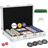 SPORTNOW Pokerchips-set in koffer, met dobbelstenen, dealerbutton, 2 kaartspellen, zilverkleurig(m-10)